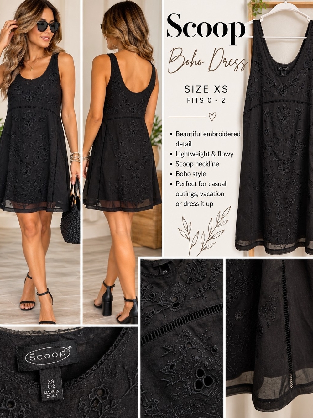 Boho Embroidered Tank Dress - Black - XS